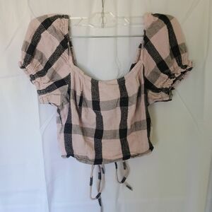 Stylish Checkered Dizzy Lizzie Puff Sleeve Blouse - Pink and Black